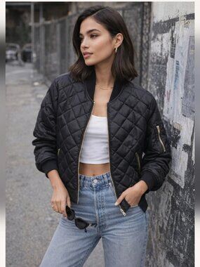 7 For All Mankind Black Quilted Bomber Jacket XL Gold Zipper Street Style